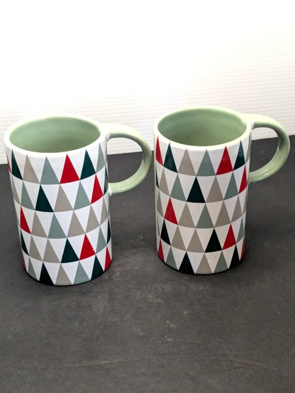 Starbucks Ceramic Mugs Set Of 2 With Green Interior & Geometric Triangle Pattern